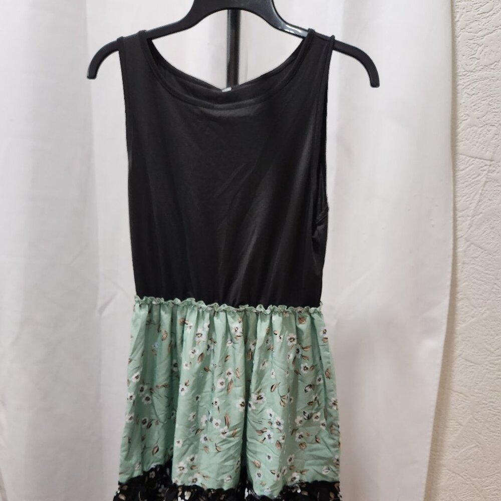 Black and green floral color block layered tank dress